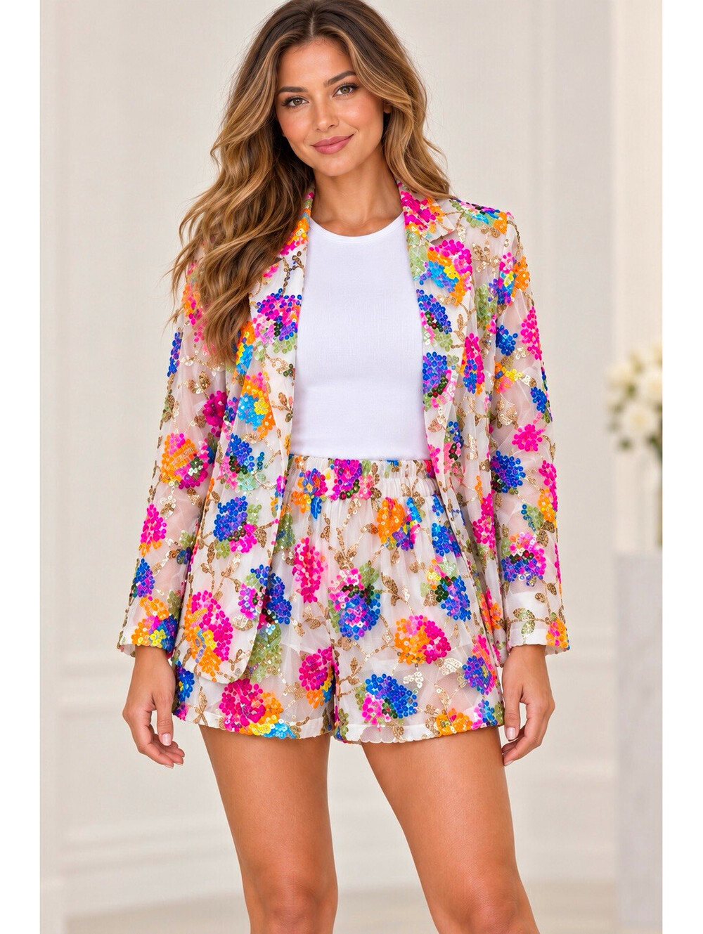 WHY DRESS Sequin Floral 2-Piece Shorts Suit Set Jacket & Shorts Lined M [COPY]